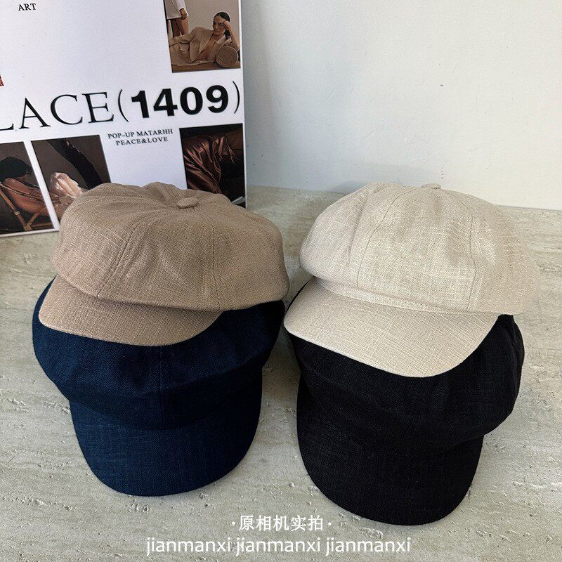 韩系百搭纯色八角帽女生夏季轻薄棉麻贝雷帽文艺百搭显脸小报童帽