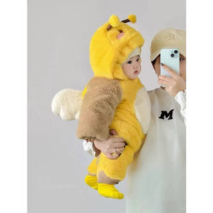 婴儿宝宝新生儿连帽加绒幼儿加厚保暖冬款秋冬季毛毛衣爬爬服哈衣