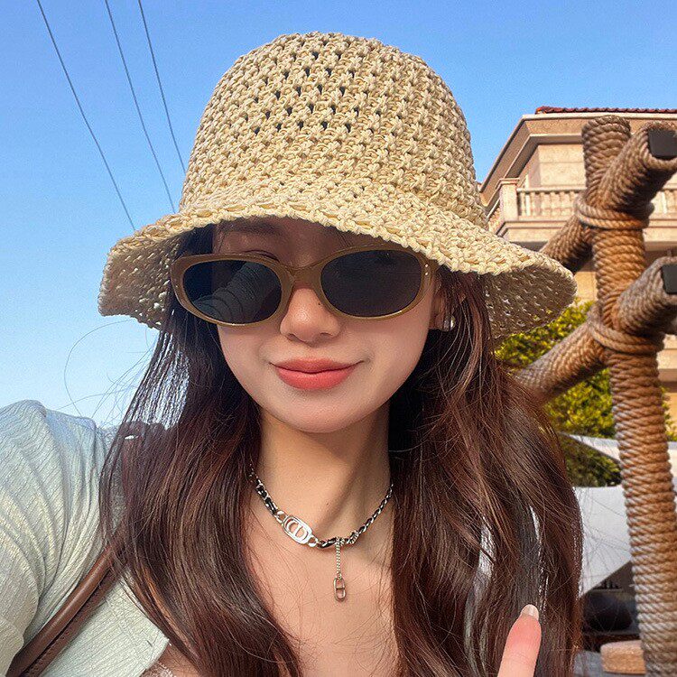 夏季镂空草帽女韩版ins遮阳防晒渔夫帽透气可折叠薄款盆帽显脸小