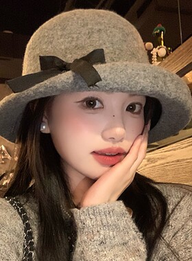 千金风灰色蝴蝶结卷边毛呢礼帽女秋冬季显脸小优雅渔夫帽气质盆帽