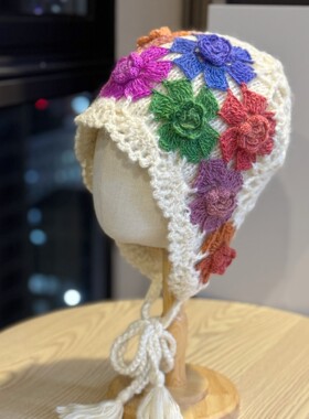新款秋冬彩色手工钩花文艺针织帽女民族风甜美百搭双层棉线包头帽