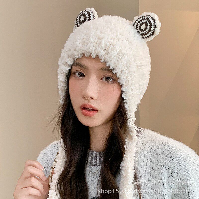 日系甜美可爱青蛙毛绒帽女冬季保暖防寒护耳帽加厚防风套头针织帽