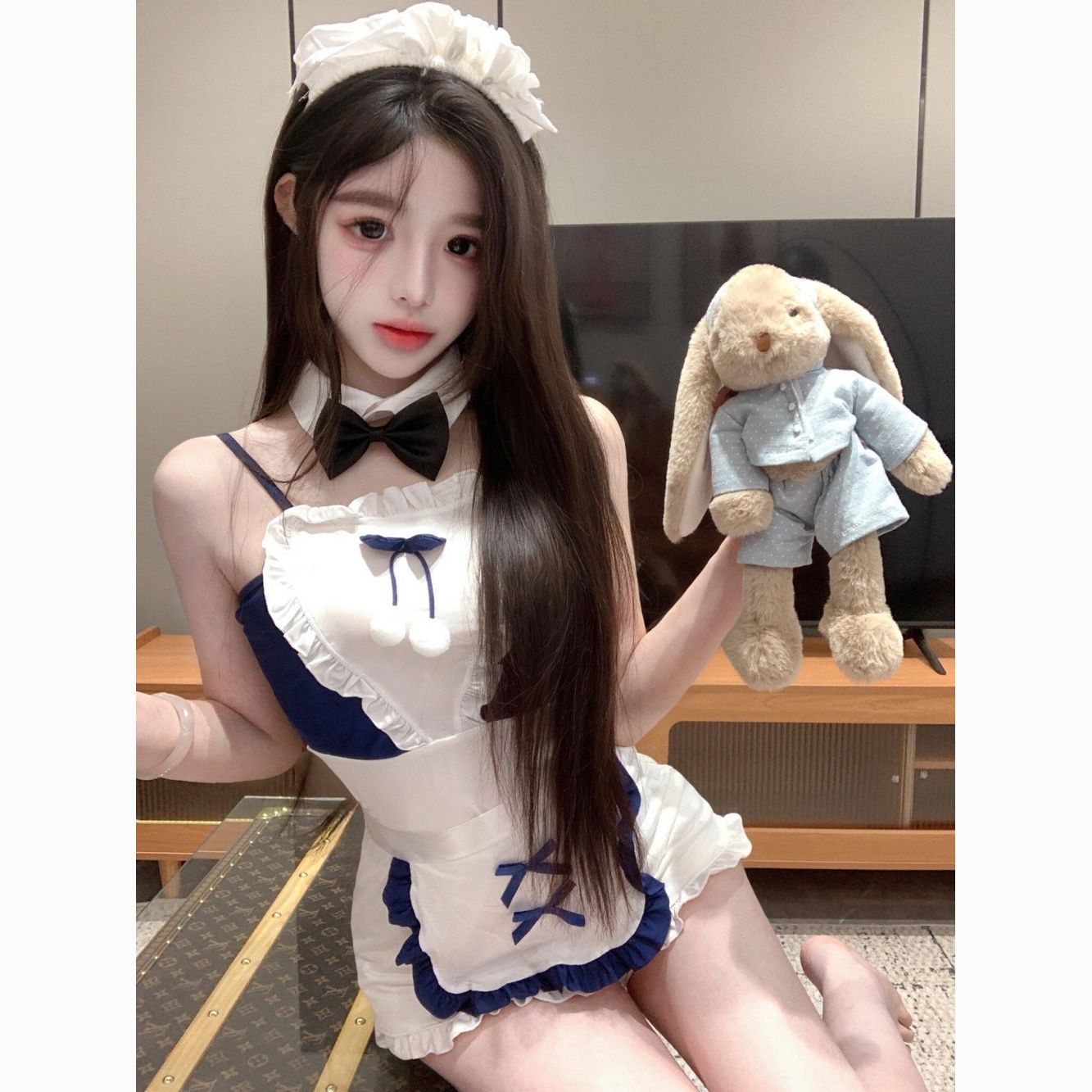 甜辣女仆装蝴蝶结吊带裙荷叶边拼接围裙夏季新款气质纯欲两件套女