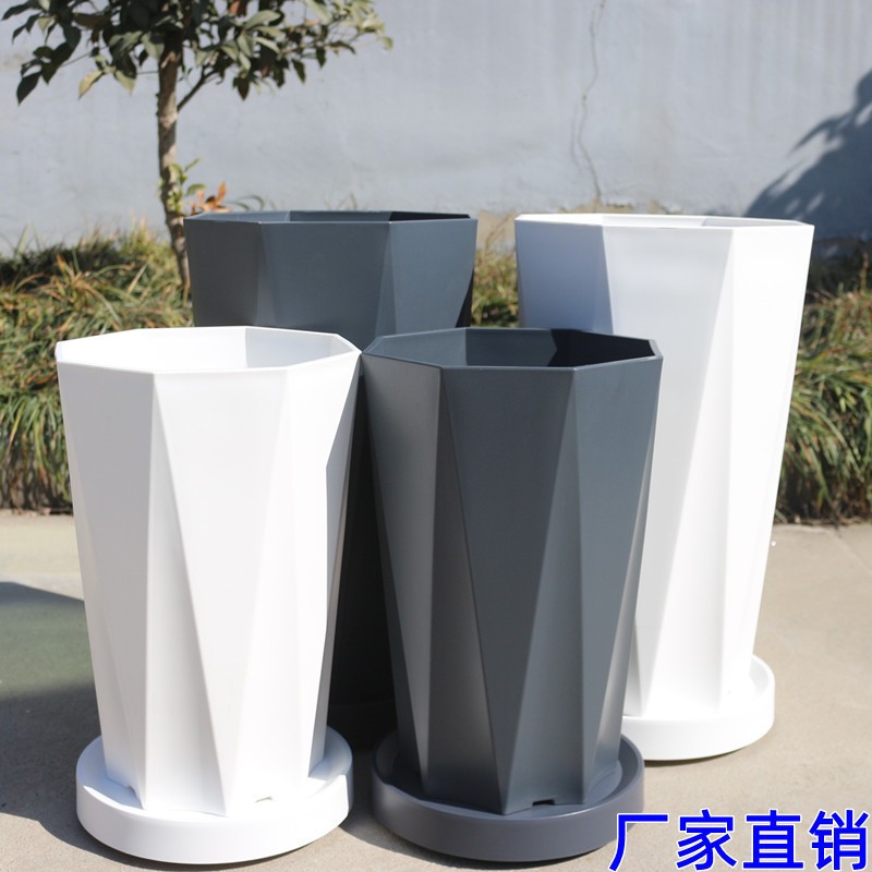简约树脂几何花盆带轮北欧仿水泥塑料特大号天堂鸟散尾葵大绿植盆图片