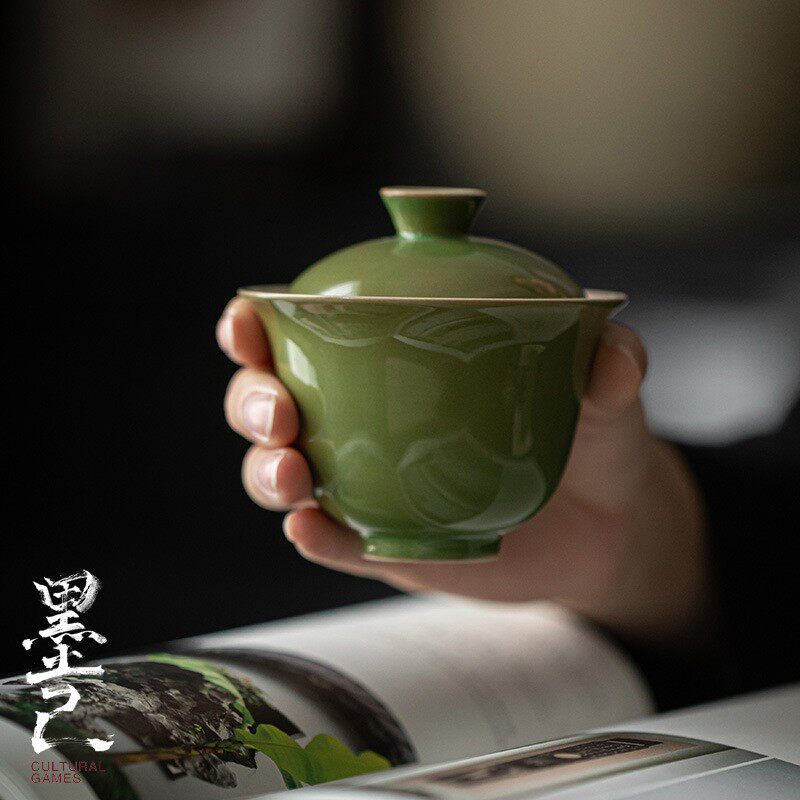 墨己 竹青色陶瓷盖碗 仿古泥双线泡茶盖碗 传统色茶室主泡茶碗