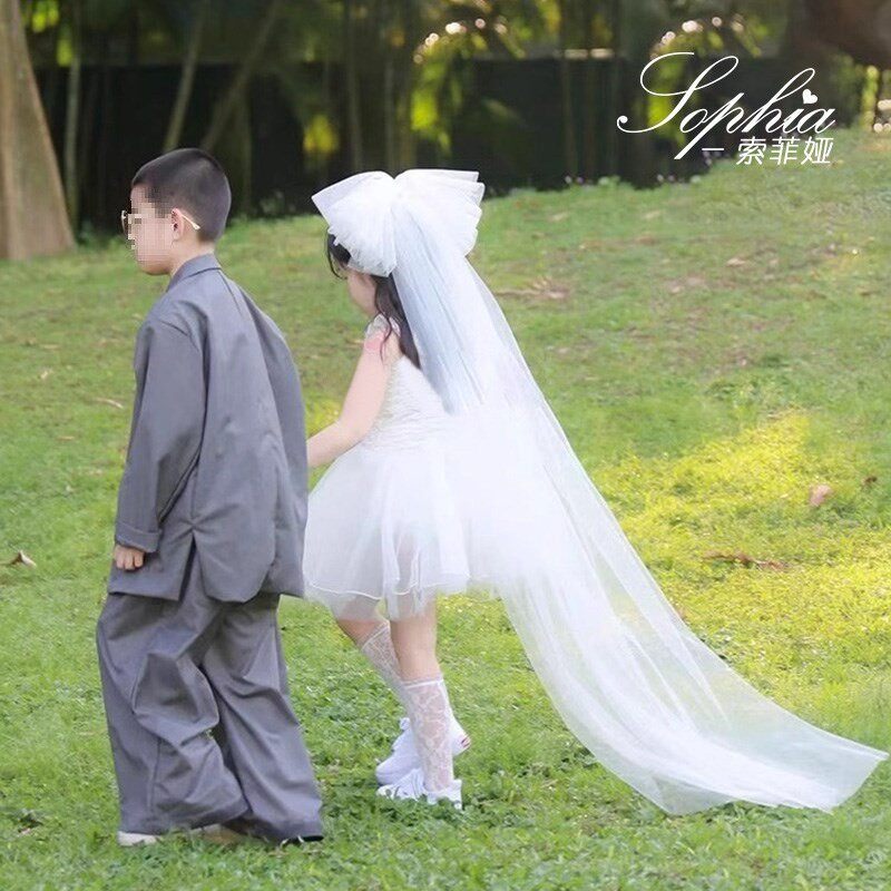 儿童头纱简约蝴蝶结蓬蓬纱拍照道具长款拖地宝宝周岁女童亲子照