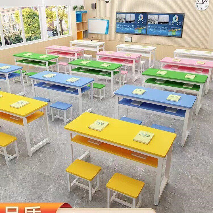 中小学校学生课桌椅组合长条桌彩色辅导班补习班单双人双层培训桌
