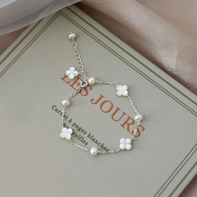 简森S925纯银淡水珍珠贝壳四叶草手链甜美气质小众ins风简约百搭