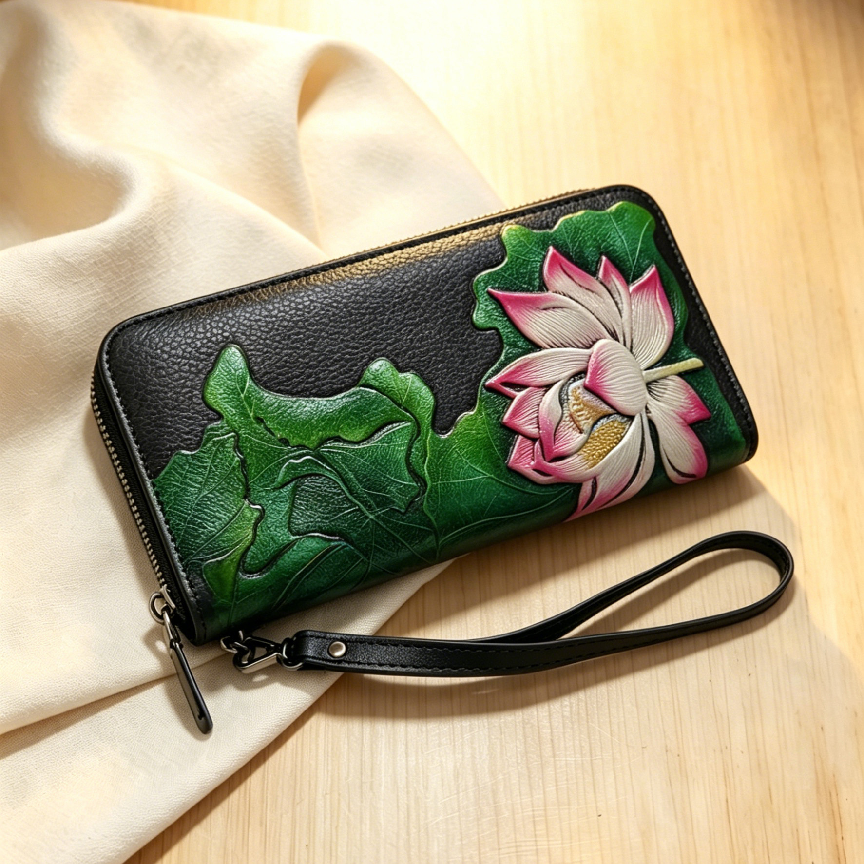 紫茉莉真皮长款拉链大容量女钱包