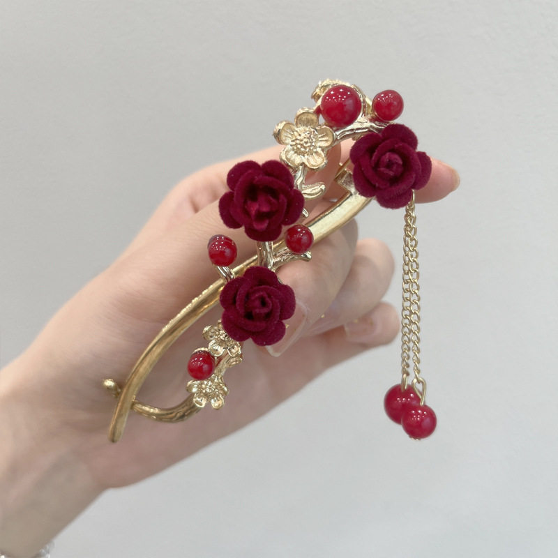 红色植绒梅花发扣夹子头饰女夏季流苏一字发夹后脑勺发卡抓夹