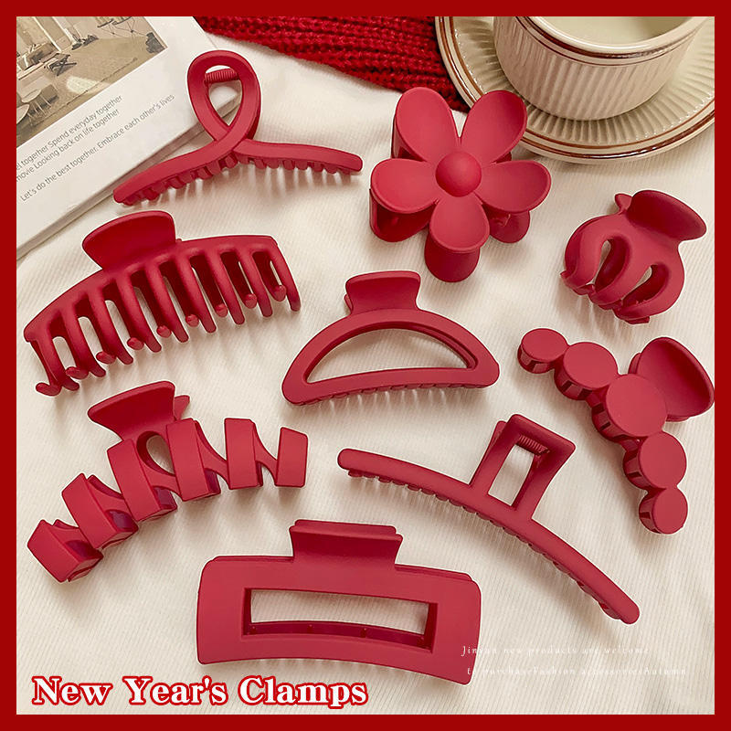 发夹女后脑勺抓夹鲨鱼夹发卡感发抓大号磨砂头发夹子红色头饰