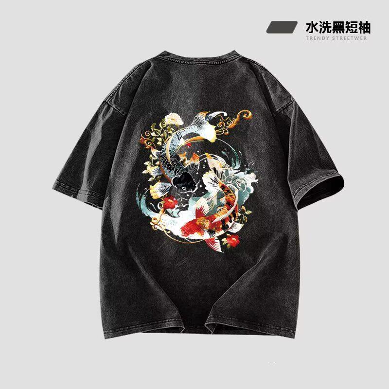 2025夏季水洗做旧ins潮牌男短袖港风时尚风花开锦鲤印花宽松t恤衫