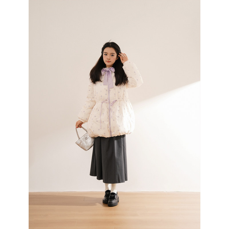【紫芋丁香】甜美风碎花中长款棉服小个子冬季保暖清新抽绳外套女