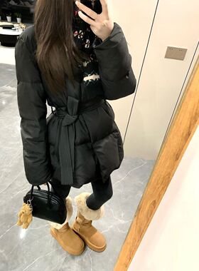 韩系高级感黑色系带收腰棉服女2025冬季新款休闲百搭保暖显瘦外套