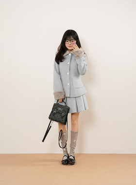 【甜美香风】蓝色冬季千金风套装古早收腰显瘦毛呢外套半裙两件套