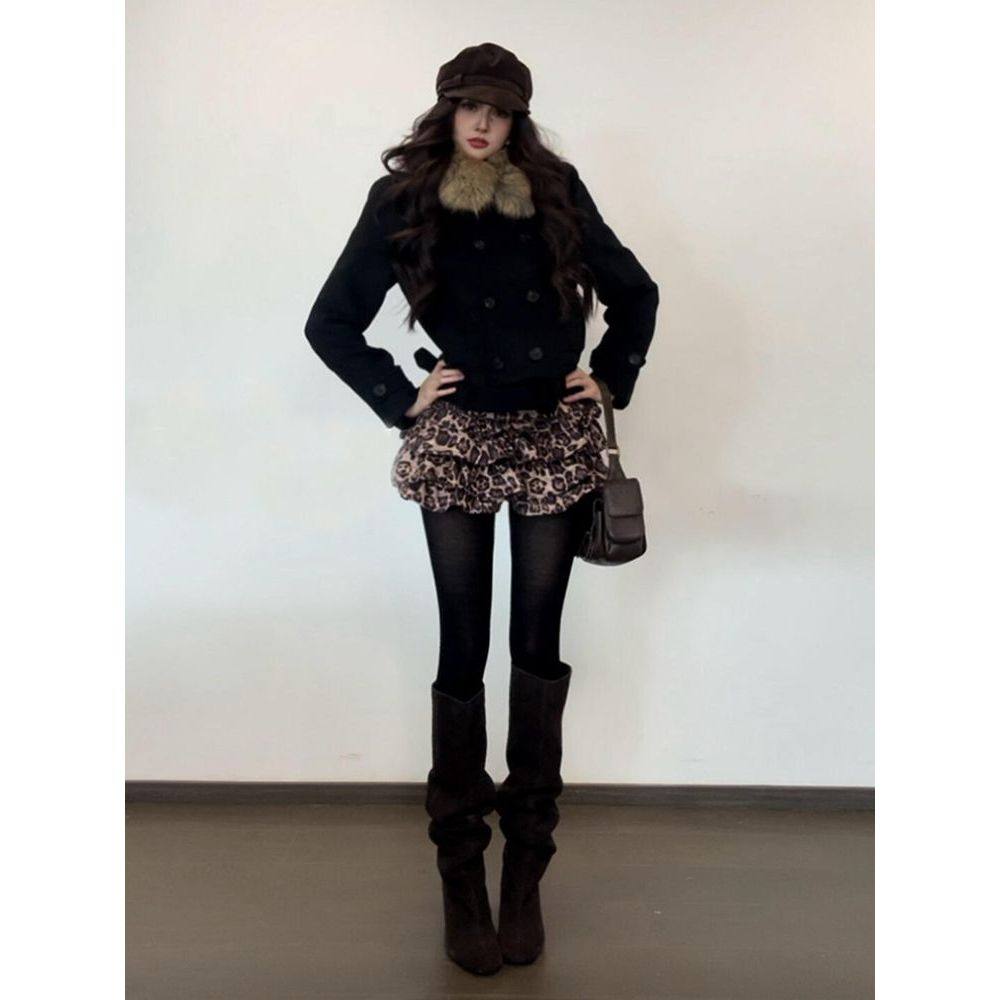 柏林恋曲 冬季古早大小姐设计感双排扣毛呢外套辣妹豹纹半裙套装,女装/女士精品,时尚套装,淘宝优惠券,粉丝福利购,淘宝优惠卷