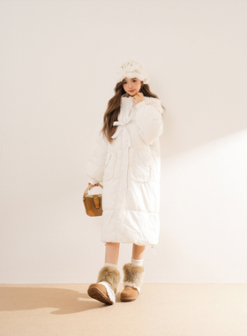 【恰逢晚冬】白色加厚中长款连帽棉服女冬季新款韩版小个子外套