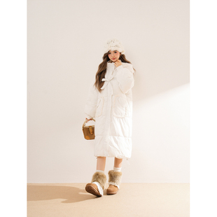 【恰逢晚冬】白色加厚中长款连帽棉服女冬季新款韩版小个子外套