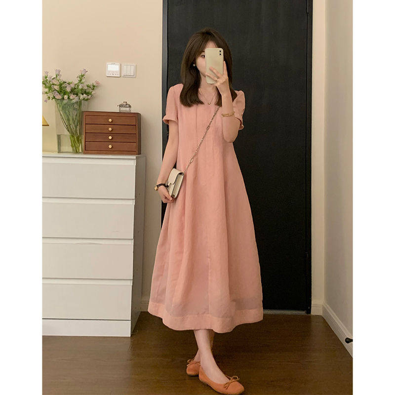 【樱花树下】韩系休闲慵懒简约风粉色连衣裙气质减龄中长款裙子夏