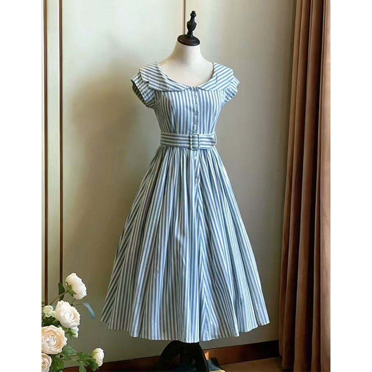深海来信 vintage古着风收腰显瘦条纹连衣裙复古气质简约中长裙女