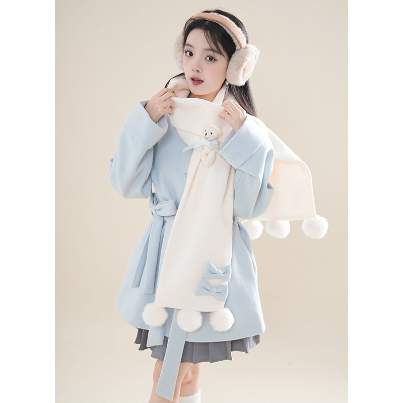 初雪小熊秋冬氛围感日系软妹小熊围巾+中长款毛呢外套两件套2025,女装/女士精品,时尚套装,淘宝优惠券,粉丝福利购,淘宝优惠卷