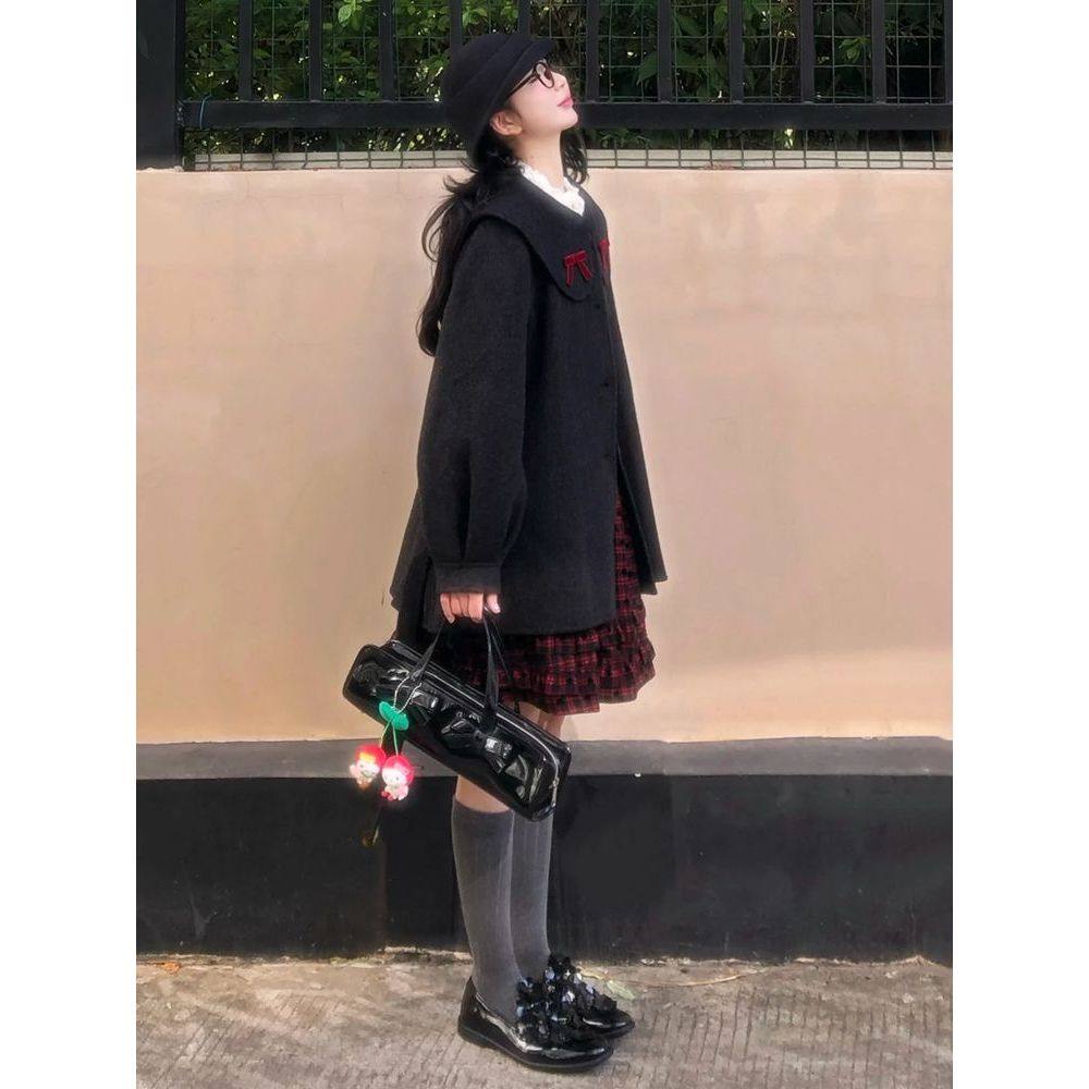 【红巧丝绒】甜美复古蝴蝶结娃娃领深灰外套格纹背心裙内搭三件套,女装/女士精品,时尚套装,淘宝优惠券,粉丝福利购,淘宝优惠卷