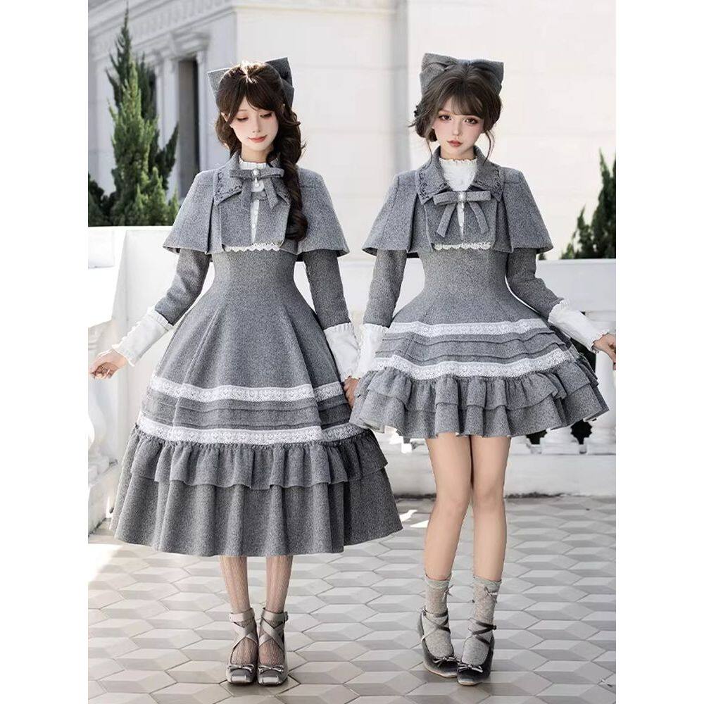 凛冬旧忆 优雅灰色荷叶边op小斗篷双子冬季新款lolita连衣裙套装