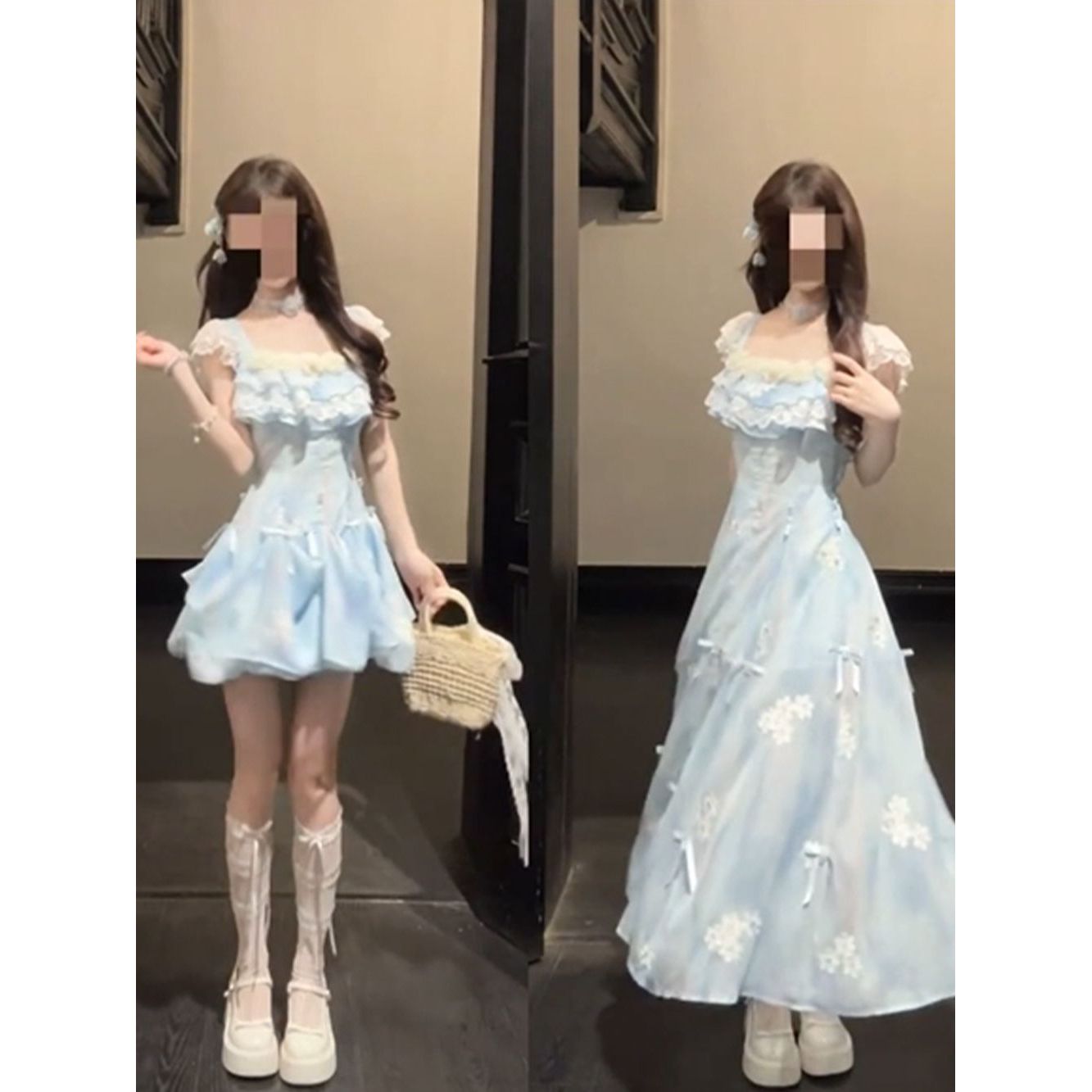 海蓝贝壳度假风少女甜美碎花抹胸小飞袖连衣裙两穿小众设计感长裙