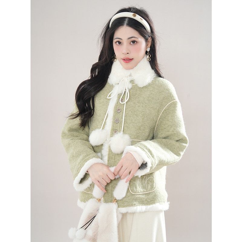 蒹葭绿色可拆卸毛领甜美毛呢外套女冬季新款复古宽松气质大衣短款,女装/女士精品,毛呢外套,淘宝优惠券,粉丝福利购,淘宝优惠卷