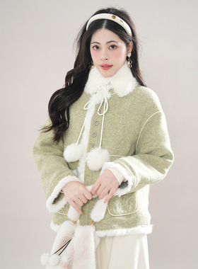 蒹葭绿色可拆卸毛领甜美毛呢外套女冬季新款复古宽松气质大衣短款