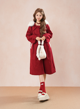 新年战袍学院风圣诞红色蝴蝶结大衣女秋冬季小个子中长款连帽外套