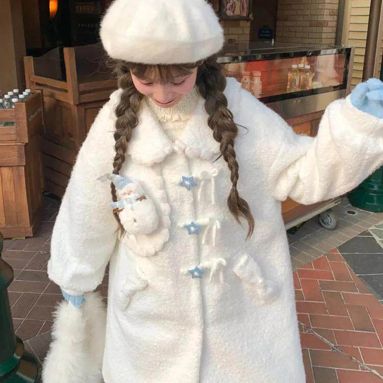 甜美可爱小个子呢子大衣女冬季2025新款中长款星星扣白色毛呢外套