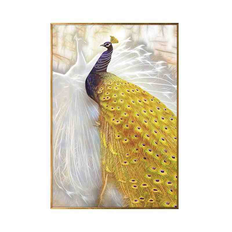 玄关入户轻奢装饰画金孔雀贴钻晶瓷画欧式过道走廊壁画竖挂画