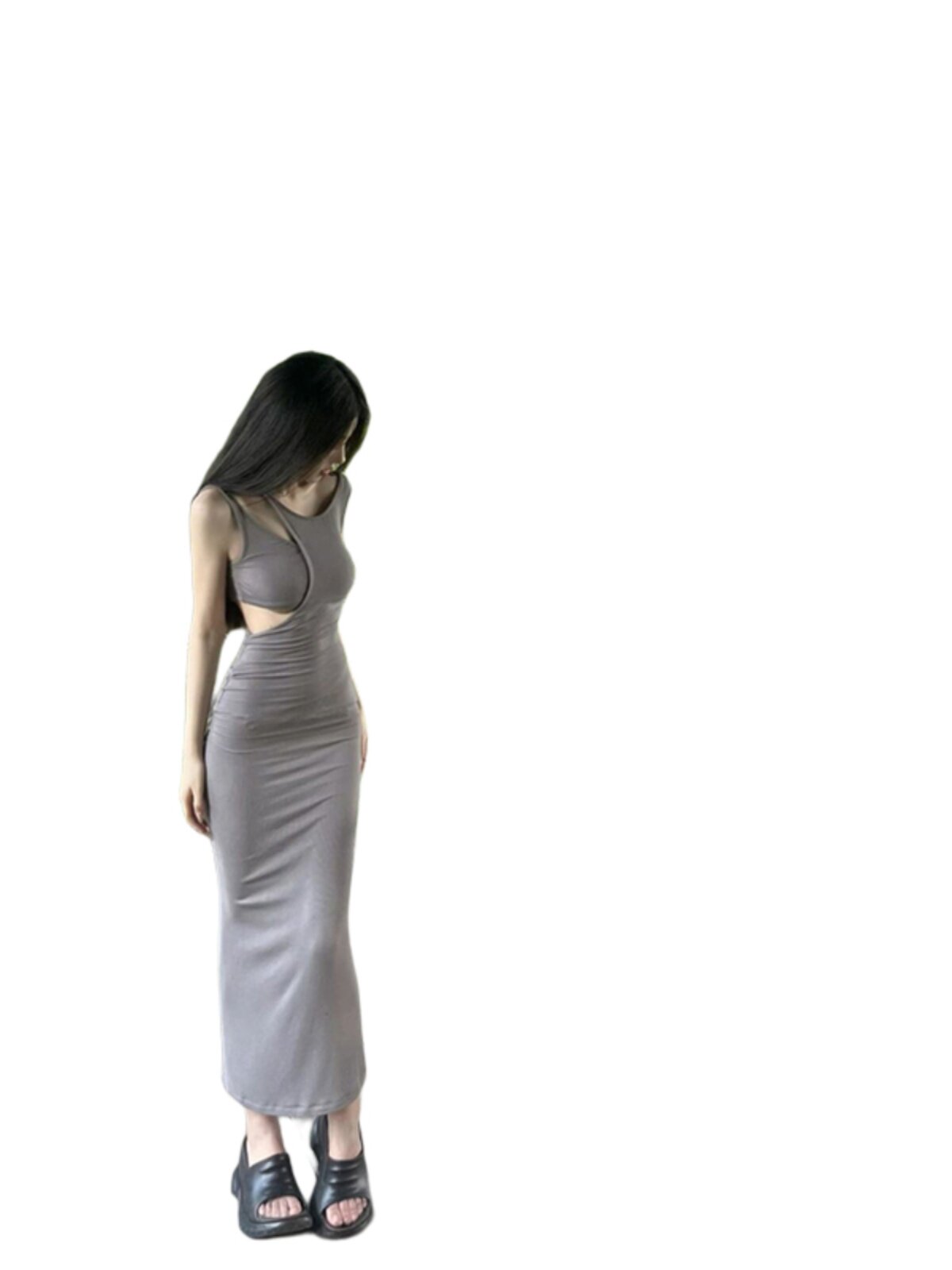5202024 여름 순수한 욕망 디자인 틈새 불규칙한 서스펜더 드레스 여성 슬림 피팅 엉덩이 분할 롱 스커트