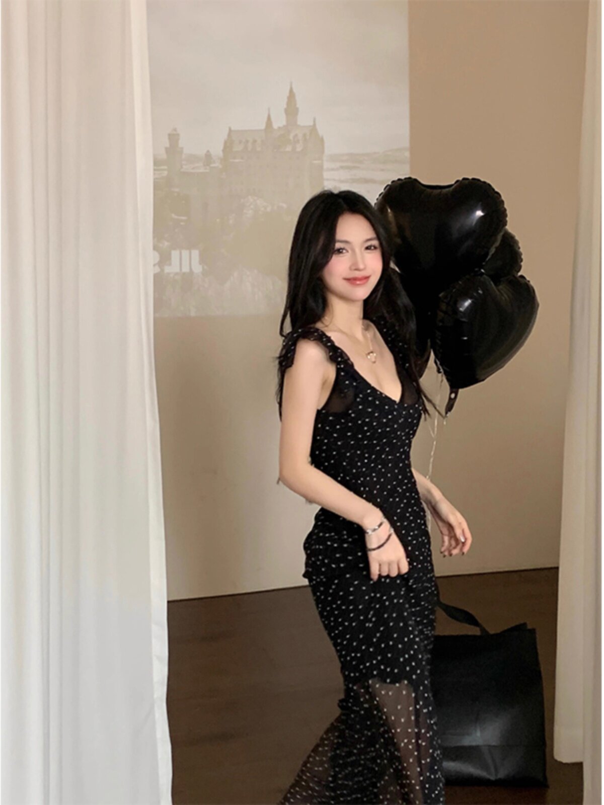 W5182024 레트로 폴카 도트 대비 색 허리 쉬폰 드레스 여성 프랑스 스타일 슬림 피트 작은 플라잉 슬리브 서스펜더 드레스