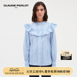 女装 CLAUDIE PIERLOT Outlet春季 CFPCM00337 荷叶边领蓝色条纹衬衫