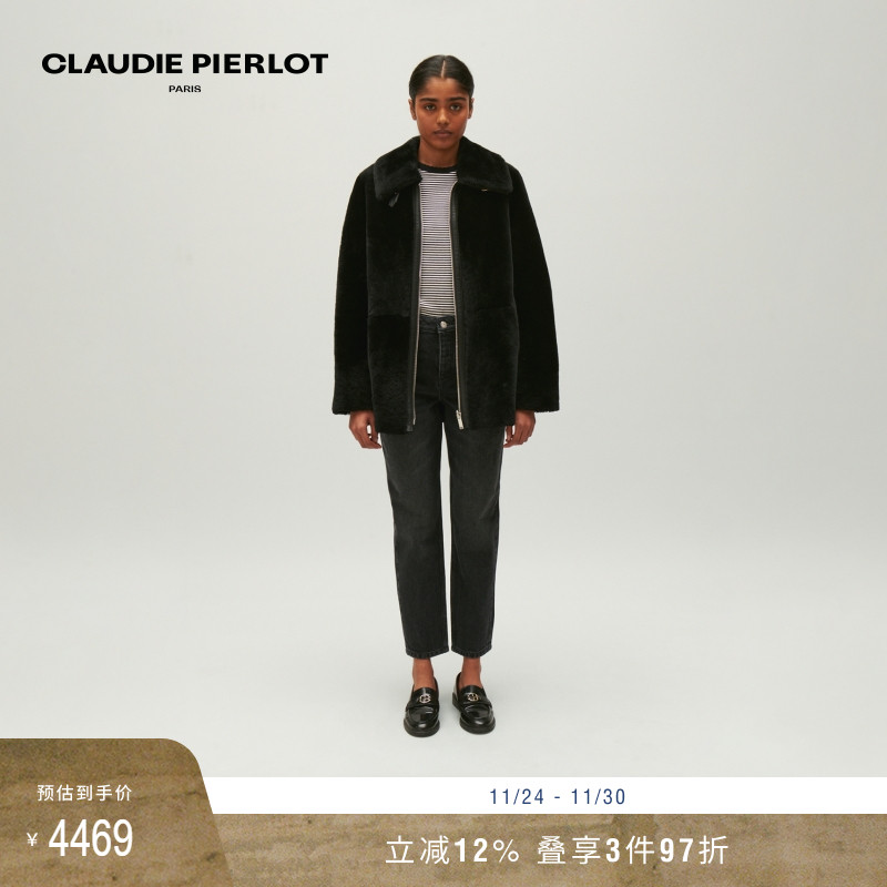 CP女装黑色翻领羊毛革外套