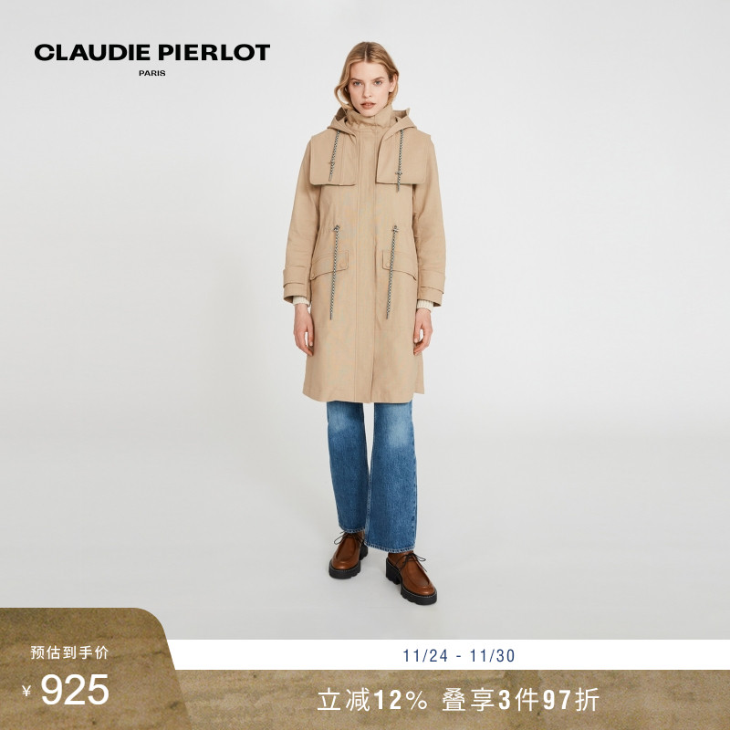 CP秋冬女装连帽抽绳长款风衣外套