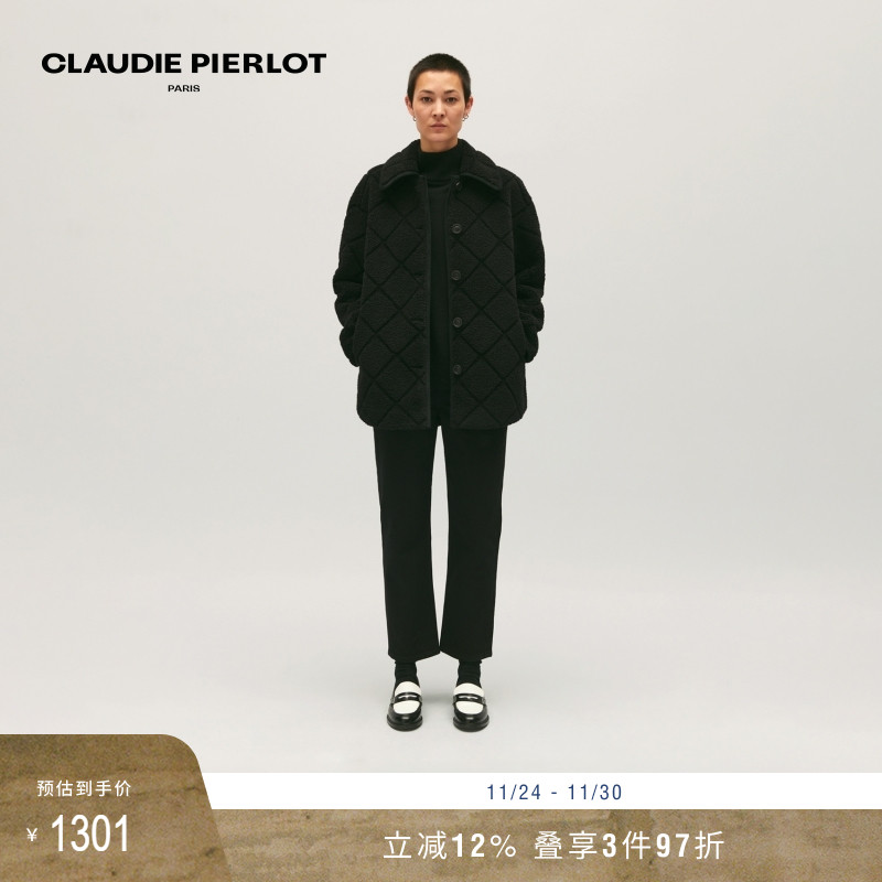 CP女装黑色菱格仿毛绒外套