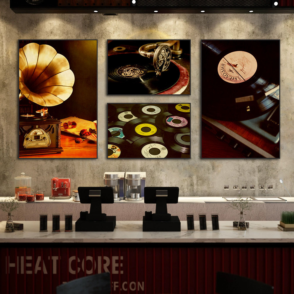 黑胶CD唱片装饰画音乐室钢琴房酒吧ktv背景墙挂画留声机复古壁画