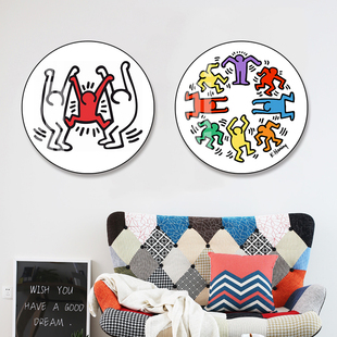 街头涂鸦装饰画普风圆形Keith Haring客厅多巴胺挂画凯斯哈林壁画