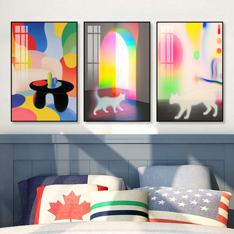 孟菲斯包豪斯客厅彩色装饰画治愈多巴胺梦幻猫咪挂画少女卧室壁画