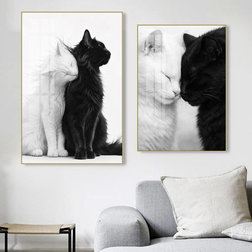 黑白配猫咪挂画现代简约黑色拥抱恩爱情侣卧室动物壁画小猫装饰画