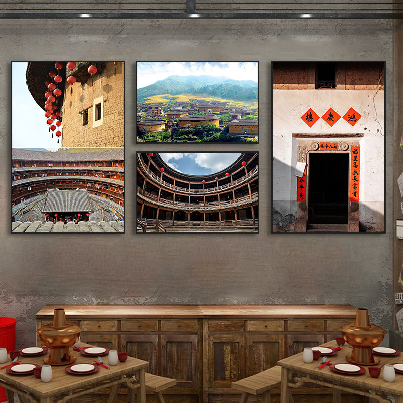 客家建筑风景装饰画饭店农家乐美食挂画客家文化围龙屋屋檐壁画