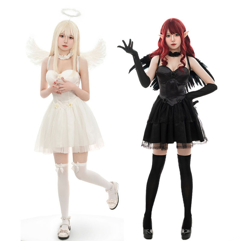 万圣节服装欧美成人款黑白天使cosplay恶魔带翅膀化妆舞会演出服