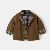 韩版 3岁新款 格子洋气衬衣无领宝宝休闲风衣 外套1 婴幼儿衬衫