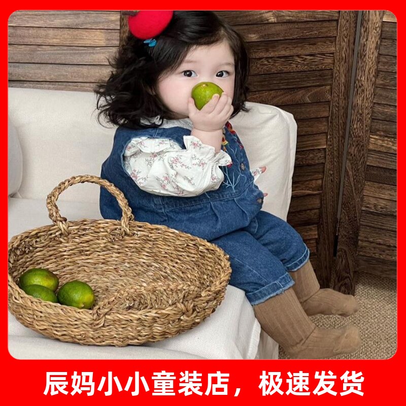 婴儿春装连体衣春秋韩版女宝宝绣花无袖牛仔背带裤碎花衬衫两件套