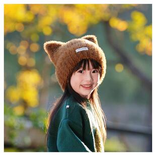 冬季儿童毛绒帽子敲可爱猫耳朵女孩针织帽男童2025新款防风保暖帽