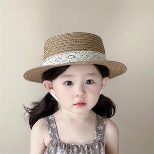 儿童帽子夏季女童遮阳帽男童宝宝防晒沙滩帽英伦风平顶草帽太阳帽
