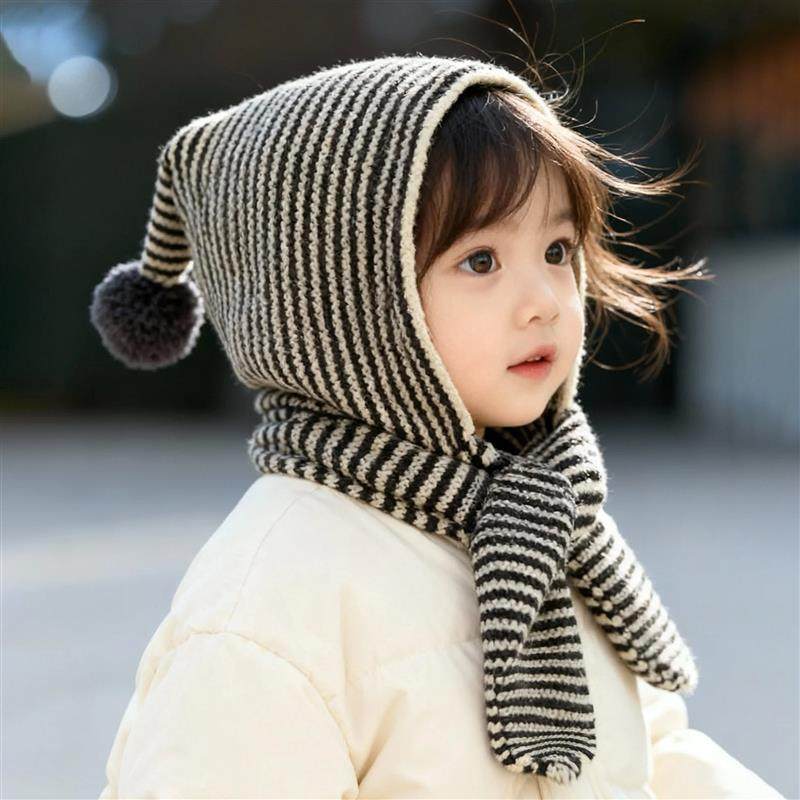 儿童帽子围巾一体冬季条纹毛线帽女童保暖护耳针织帽女孩2025新款